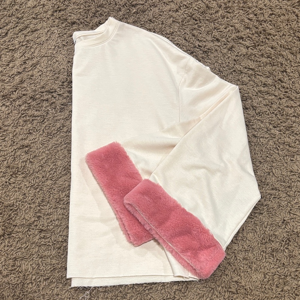 Zara Cream Long Sleeve Top with Pink Faux Fur Cuffs